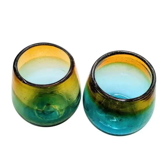 Ombre Hand Blown Amber Blue Green Glass Tumbler Set of Two - Picture 8 of 9